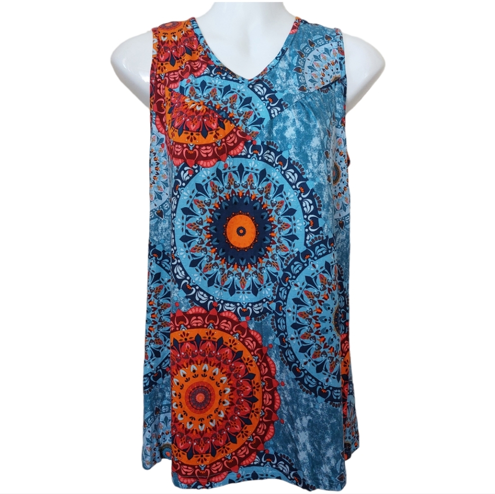 AYIFU Sleeveless Tank Vneck, Summer Loose fit Blouse, Women Small Blue